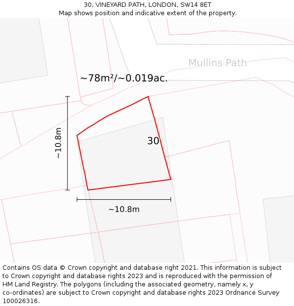 30, VINEYARD PATH, LONDON, SW14 8ET: Plot and title map