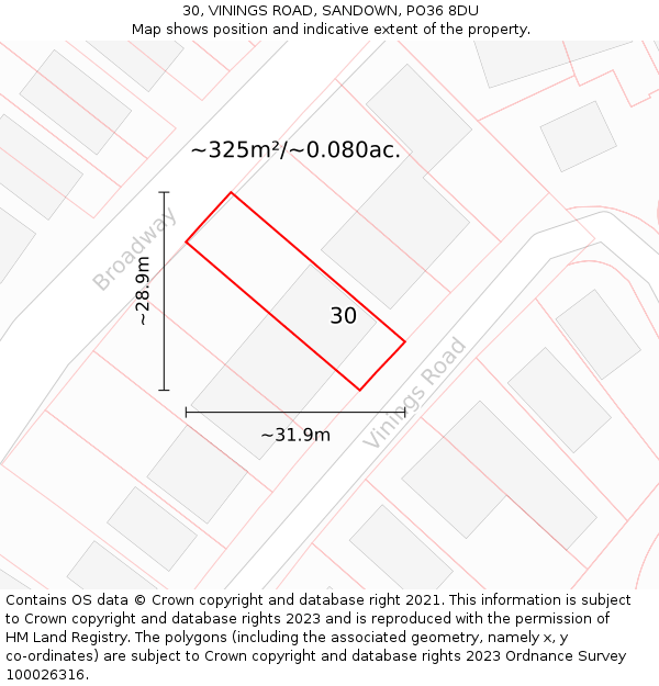 30, VININGS ROAD, SANDOWN, PO36 8DU: Plot and title map