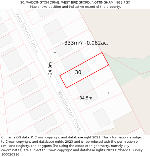 30, WADDINGTON DRIVE, WEST BRIDGFORD, NOTTINGHAM, NG2 7GX: Plot and title map