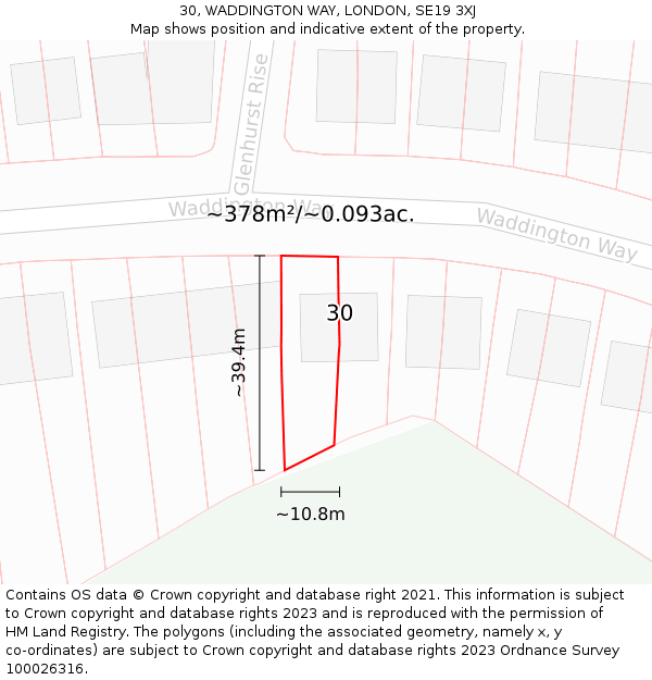 30, WADDINGTON WAY, LONDON, SE19 3XJ: Plot and title map