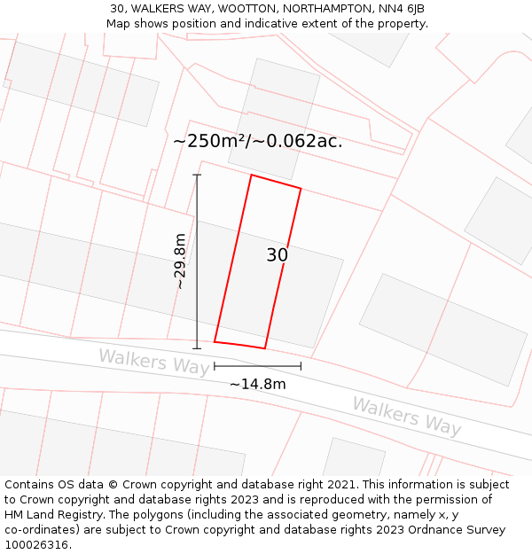 30, WALKERS WAY, WOOTTON, NORTHAMPTON, NN4 6JB: Plot and title map