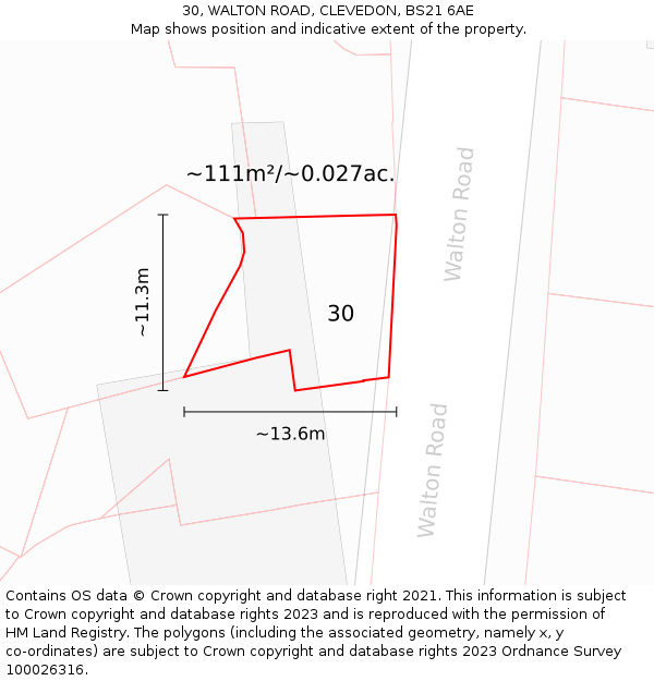 30, WALTON ROAD, CLEVEDON, BS21 6AE: Plot and title map