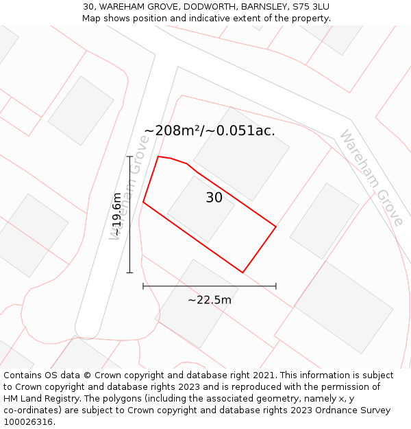 30, WAREHAM GROVE, DODWORTH, BARNSLEY, S75 3LU: Plot and title map