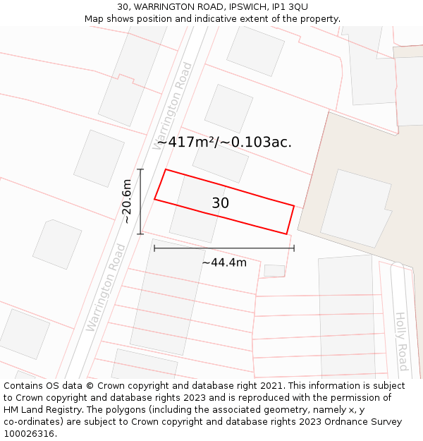 30, WARRINGTON ROAD, IPSWICH, IP1 3QU: Plot and title map