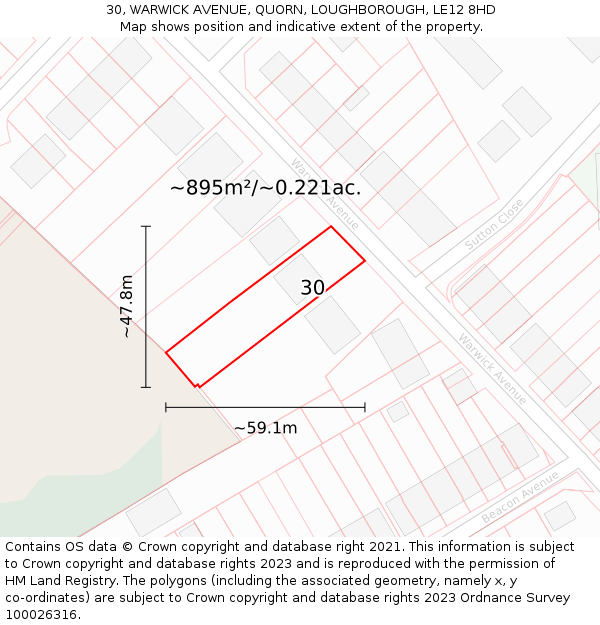 30, WARWICK AVENUE, QUORN, LOUGHBOROUGH, LE12 8HD: Plot and title map