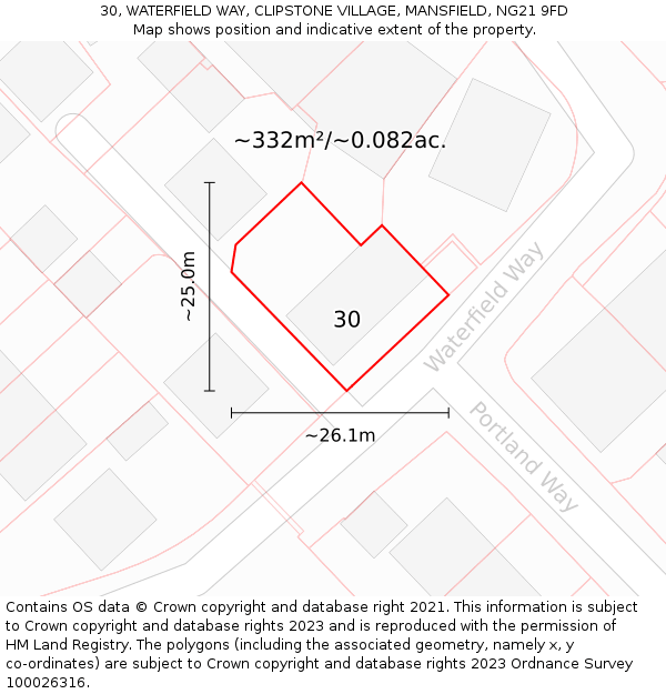 30, WATERFIELD WAY, CLIPSTONE VILLAGE, MANSFIELD, NG21 9FD: Plot and title map