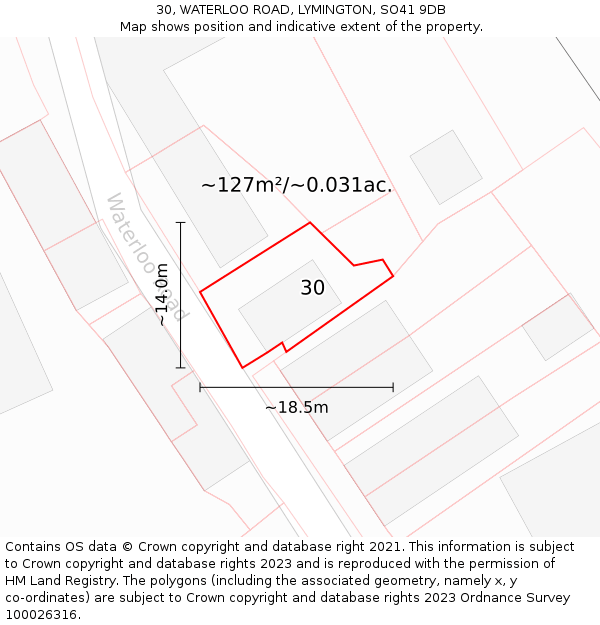 30, WATERLOO ROAD, LYMINGTON, SO41 9DB: Plot and title map