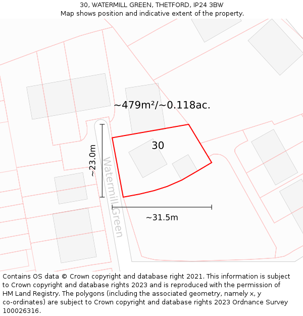 30, WATERMILL GREEN, THETFORD, IP24 3BW: Plot and title map