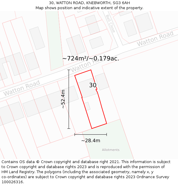 30, WATTON ROAD, KNEBWORTH, SG3 6AH: Plot and title map