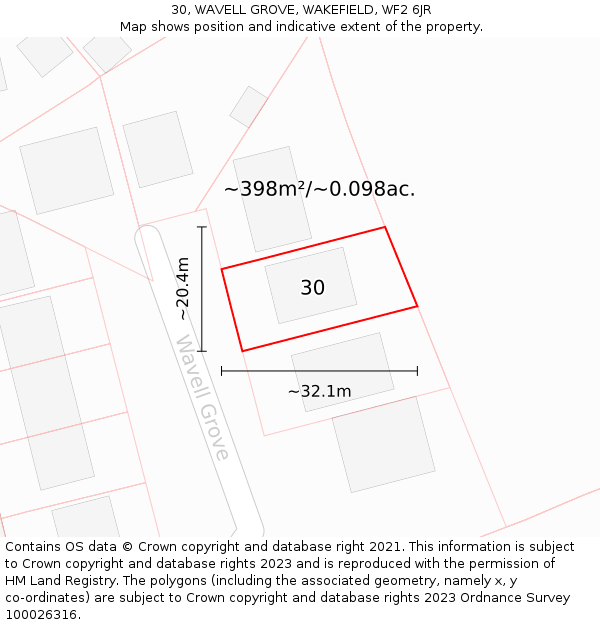 30, WAVELL GROVE, WAKEFIELD, WF2 6JR: Plot and title map