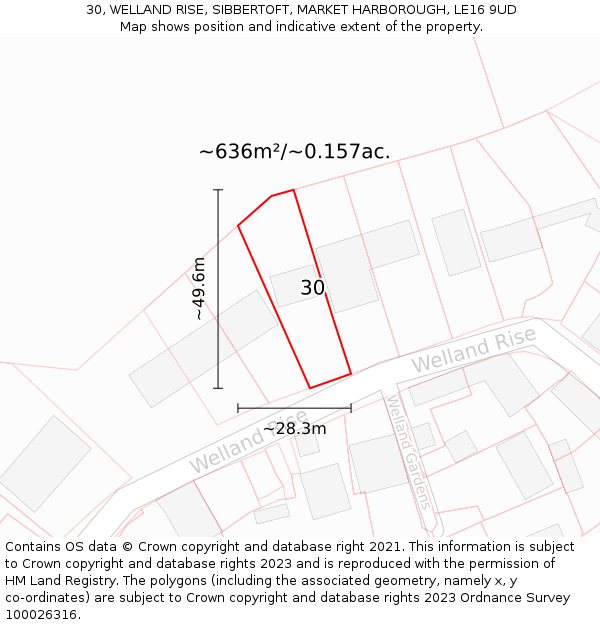 30, WELLAND RISE, SIBBERTOFT, MARKET HARBOROUGH, LE16 9UD: Plot and title map