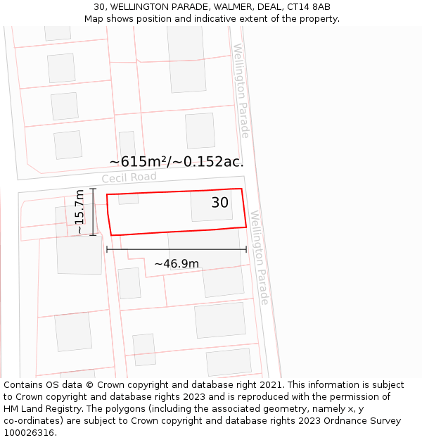 30, WELLINGTON PARADE, WALMER, DEAL, CT14 8AB: Plot and title map