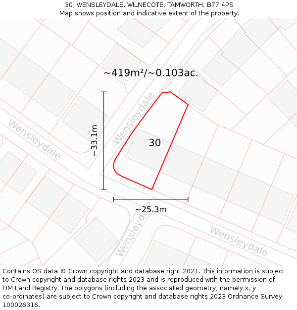 30, WENSLEYDALE, WILNECOTE, TAMWORTH, B77 4PS: Plot and title map