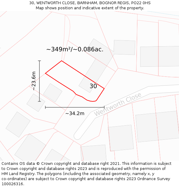 30, WENTWORTH CLOSE, BARNHAM, BOGNOR REGIS, PO22 0HS: Plot and title map