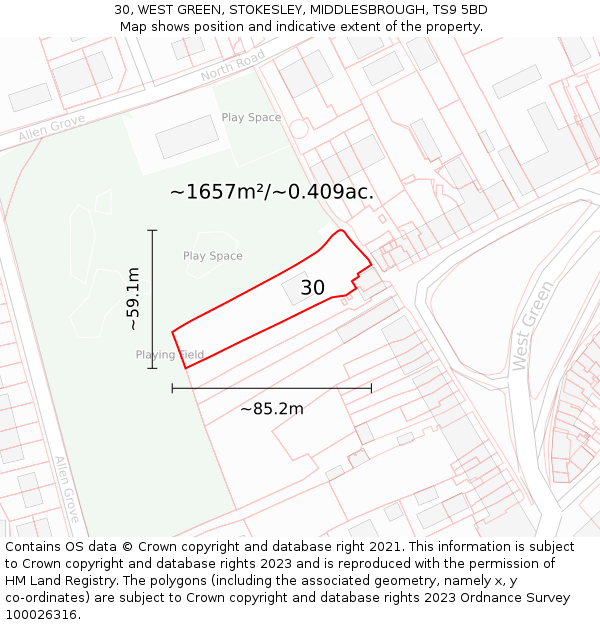 30, WEST GREEN, STOKESLEY, MIDDLESBROUGH, TS9 5BD: Plot and title map