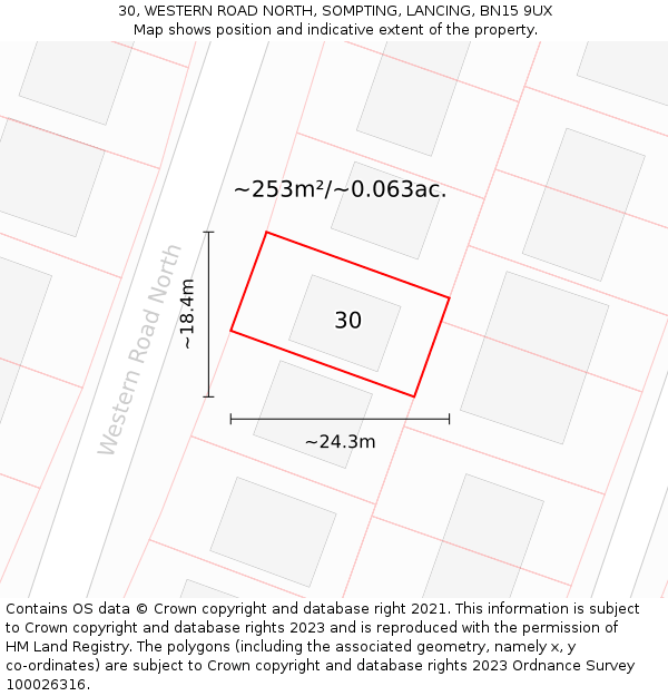 30, WESTERN ROAD NORTH, SOMPTING, LANCING, BN15 9UX: Plot and title map