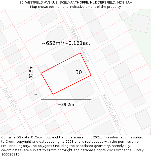 30, WESTFIELD AVENUE, SKELMANTHORPE, HUDDERSFIELD, HD8 9AH: Plot and title map