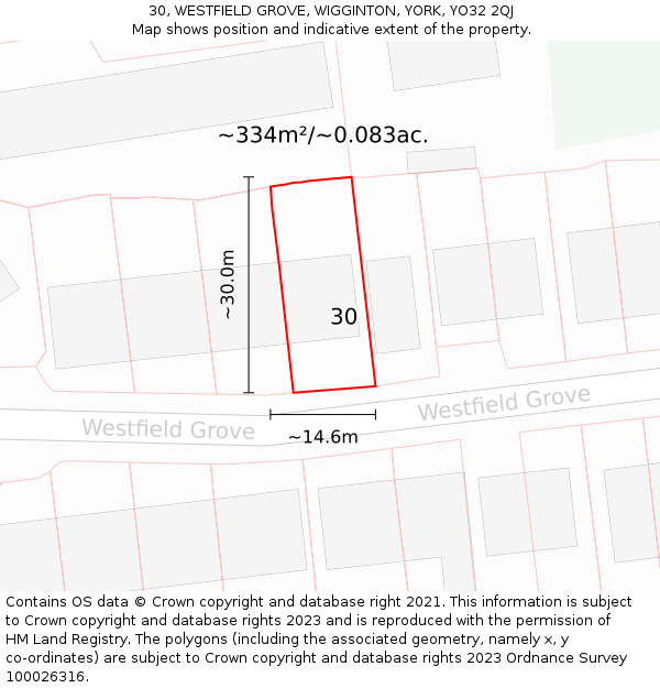 30, WESTFIELD GROVE, WIGGINTON, YORK, YO32 2QJ: Plot and title map