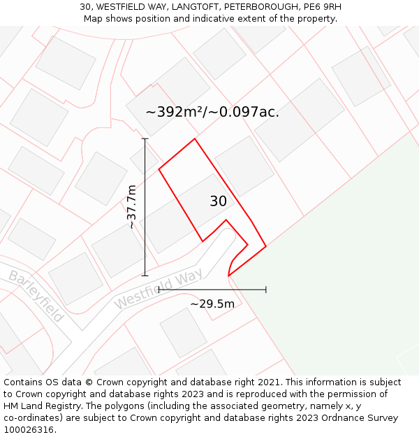 30, WESTFIELD WAY, LANGTOFT, PETERBOROUGH, PE6 9RH: Plot and title map