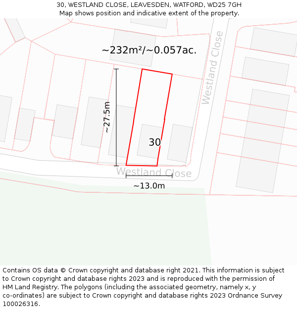 30, WESTLAND CLOSE, LEAVESDEN, WATFORD, WD25 7GH: Plot and title map