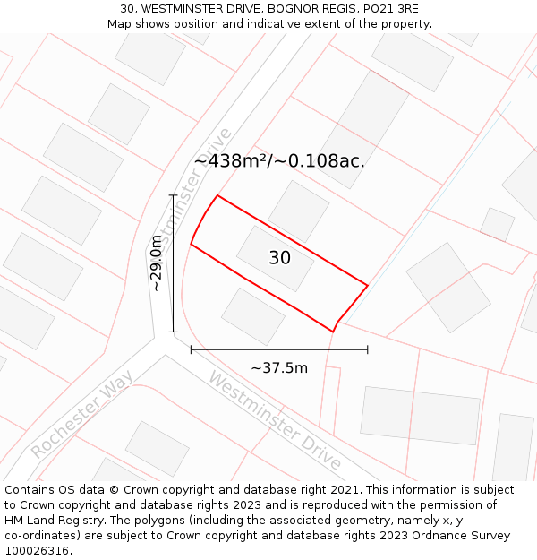 30, WESTMINSTER DRIVE, BOGNOR REGIS, PO21 3RE: Plot and title map