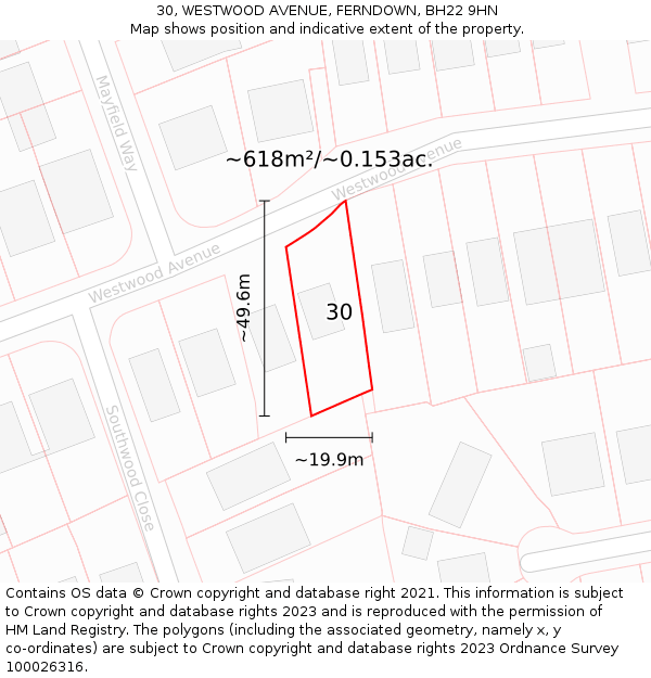 30, WESTWOOD AVENUE, FERNDOWN, BH22 9HN: Plot and title map