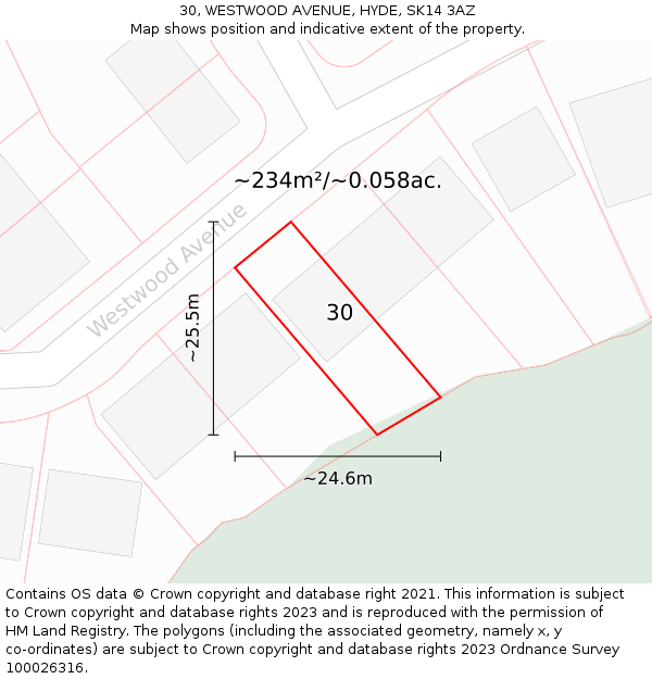 30, WESTWOOD AVENUE, HYDE, SK14 3AZ: Plot and title map