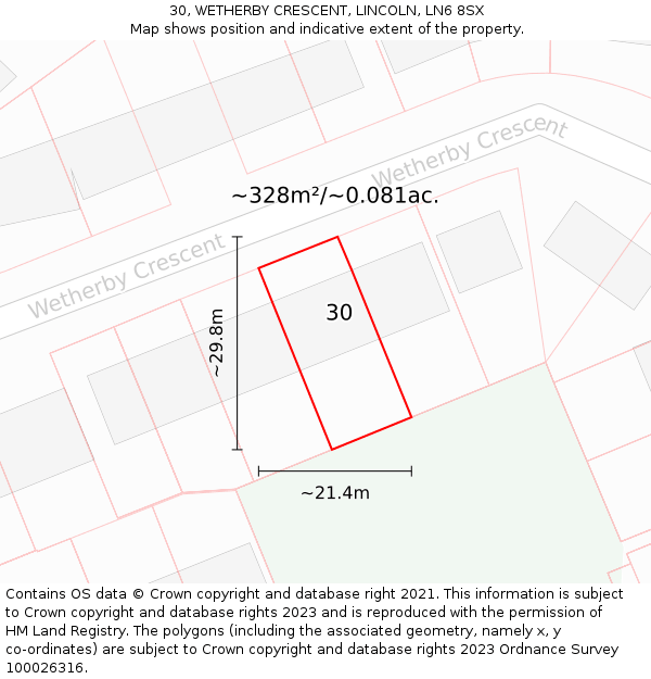 30, WETHERBY CRESCENT, LINCOLN, LN6 8SX: Plot and title map