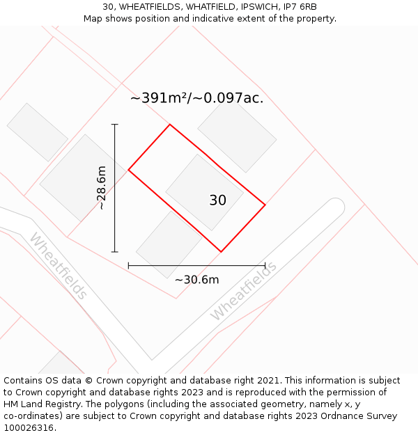 30, WHEATFIELDS, WHATFIELD, IPSWICH, IP7 6RB: Plot and title map