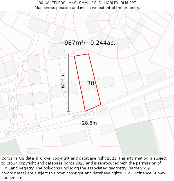 30, WHEELERS LANE, SMALLFIELD, HORLEY, RH6 9PT: Plot and title map