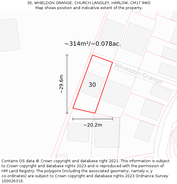 30, WHIELDON GRANGE, CHURCH LANGLEY, HARLOW, CM17 9WG: Plot and title map