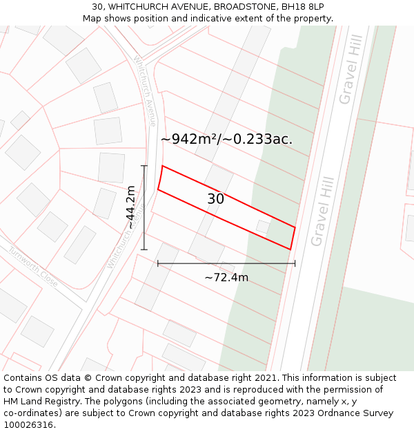 30, WHITCHURCH AVENUE, BROADSTONE, BH18 8LP: Plot and title map