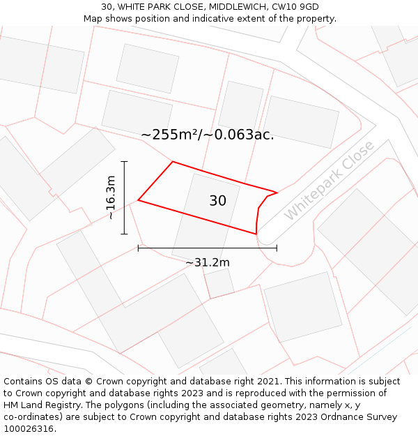 30, WHITE PARK CLOSE, MIDDLEWICH, CW10 9GD: Plot and title map