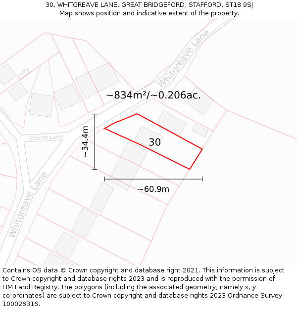 30, WHITGREAVE LANE, GREAT BRIDGEFORD, STAFFORD, ST18 9SJ: Plot and title map