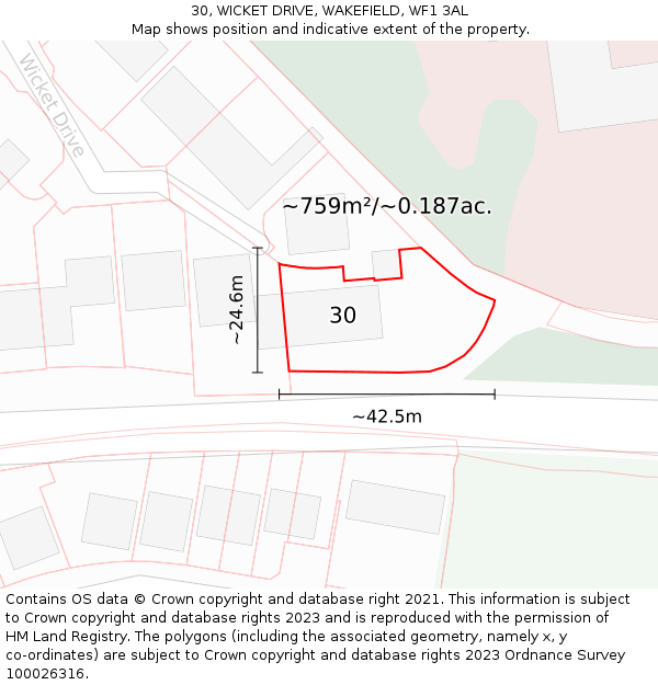 30, WICKET DRIVE, WAKEFIELD, WF1 3AL: Plot and title map