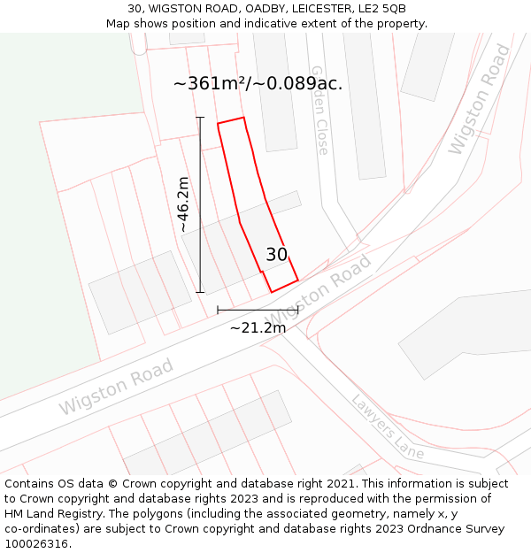 30, WIGSTON ROAD, OADBY, LEICESTER, LE2 5QB: Plot and title map