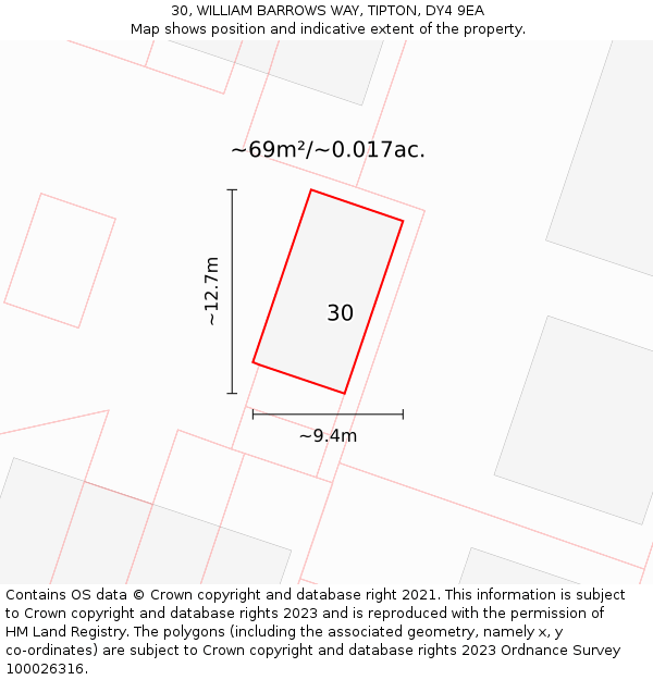 30, WILLIAM BARROWS WAY, TIPTON, DY4 9EA: Plot and title map