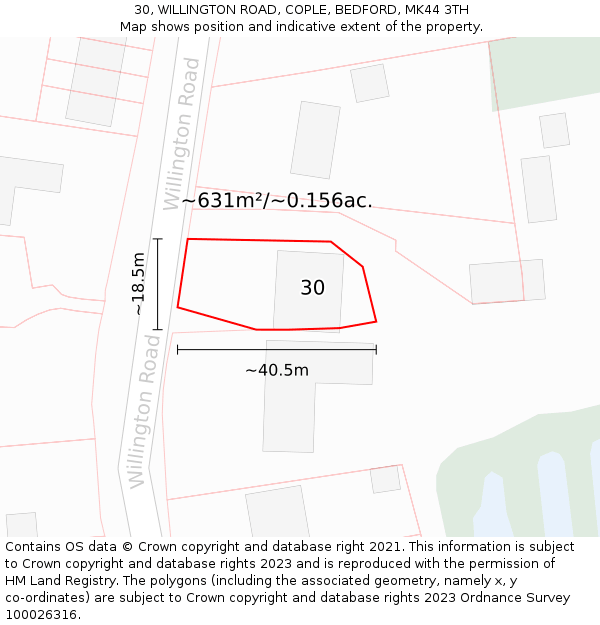 30, WILLINGTON ROAD, COPLE, BEDFORD, MK44 3TH: Plot and title map