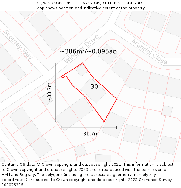 30, WINDSOR DRIVE, THRAPSTON, KETTERING, NN14 4XH: Plot and title map