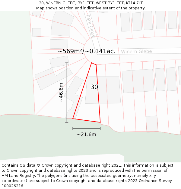 30, WINERN GLEBE, BYFLEET, WEST BYFLEET, KT14 7LT: Plot and title map
