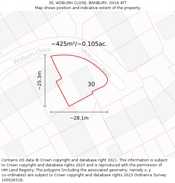 30, WOBURN CLOSE, BANBURY, OX16 4FT: Plot and title map
