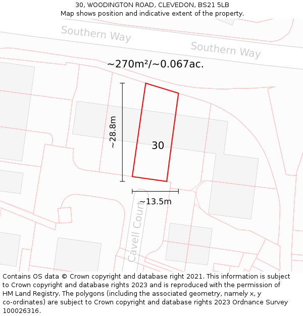 30, WOODINGTON ROAD, CLEVEDON, BS21 5LB: Plot and title map