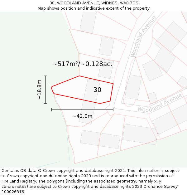 30, WOODLAND AVENUE, WIDNES, WA8 7DS: Plot and title map