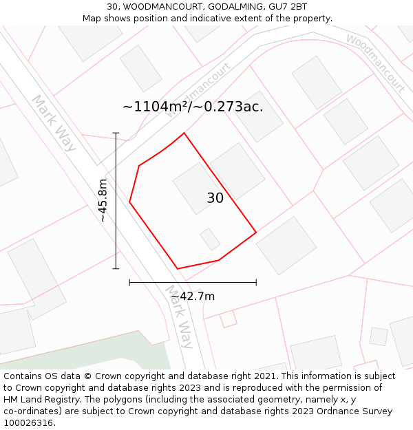 30, WOODMANCOURT, GODALMING, GU7 2BT: Plot and title map