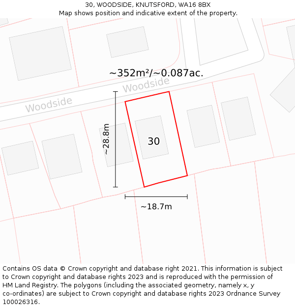 30, WOODSIDE, KNUTSFORD, WA16 8BX: Plot and title map