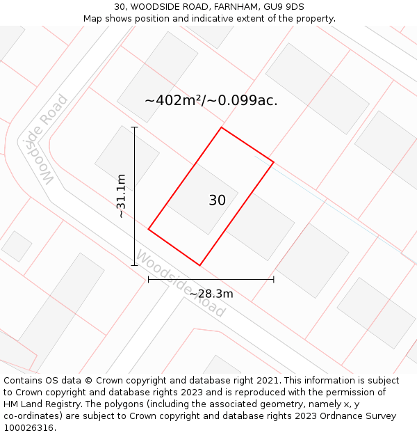 30, WOODSIDE ROAD, FARNHAM, GU9 9DS: Plot and title map