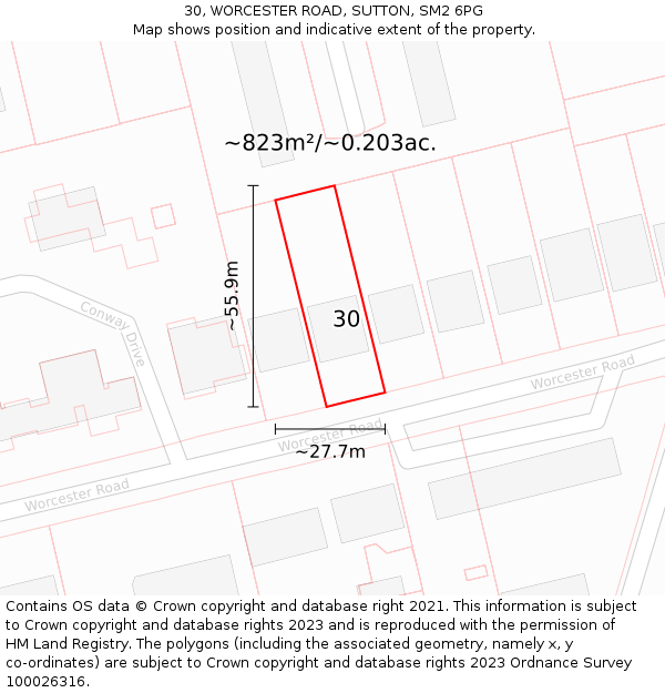 30, WORCESTER ROAD, SUTTON, SM2 6PG: Plot and title map