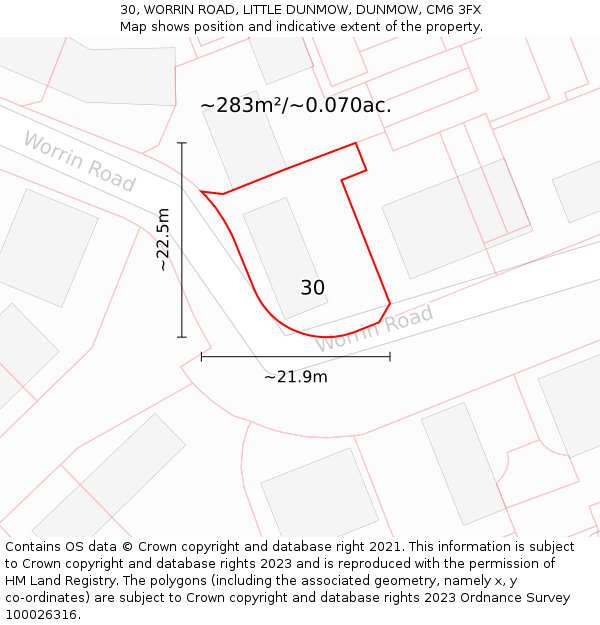 30, WORRIN ROAD, LITTLE DUNMOW, DUNMOW, CM6 3FX: Plot and title map