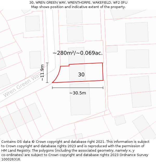 30, WREN GREEN WAY, WRENTHORPE, WAKEFIELD, WF2 0FU: Plot and title map