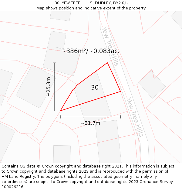 30, YEW TREE HILLS, DUDLEY, DY2 0JU: Plot and title map